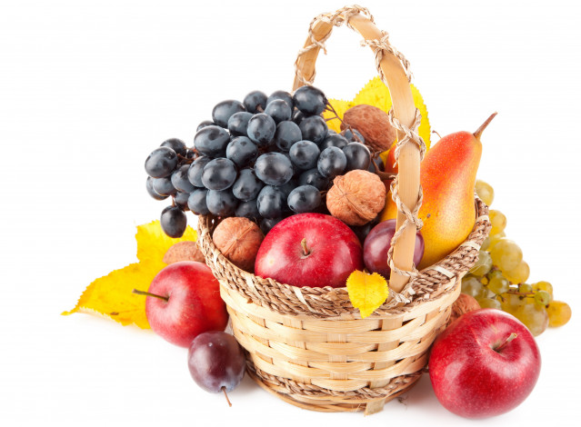 Обои картинки фото еда, фрукты, ягоды, корзина, виноград, яблоки