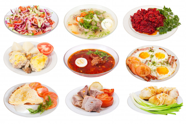 Обои картинки фото еда, разное, блюда, ассортимент, меню, яичница, салаты, борщ, мясо, свекла, зелень, овощи, томаты, помидоры, яйца