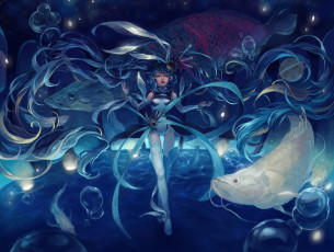 Картинка vocaloid аниме пузыри рыбы девушка hatsune miku meniusa арт под водой