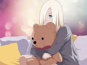 Картинка аниме naruto подушки блондинка арт девочка игрушка мишка грусть объятия бант
