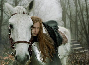 Картинка фэнтези фотоарт девушка-рыцарь конь