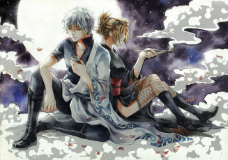 Картинка аниме gintama sakata gintoki парень саке курительная трубка луна ночь tsukuyo девушка