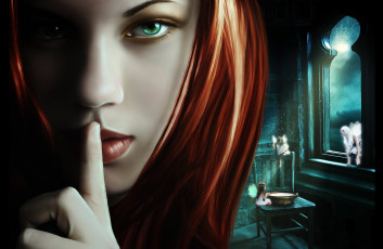 Картинка фэнтези фотоарт арт девушка лицо крупный план зеленые глаза волосы феи окно паутина