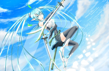 Картинка vocaloid аниме sword art online ножны мечи доспех форма полёт крылья взгляд девушка hatsune miku riki-to cross-over кроссовер облака небо оружие