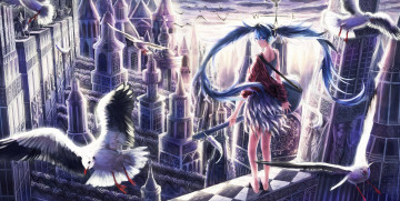 Картинка vocaloid аниме город птицы девушка hatsune miku 91 арт небо облака гитара наушники