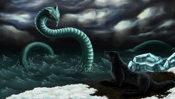 Картинка фэнтези существа снег вода камни арт змея море