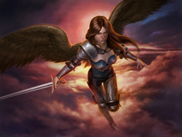 Обои картинки фото фэнтези, ангелы, полет, доспехи, angel, ангел, арт, фантастика, оружие, меч, взгляд, крылья