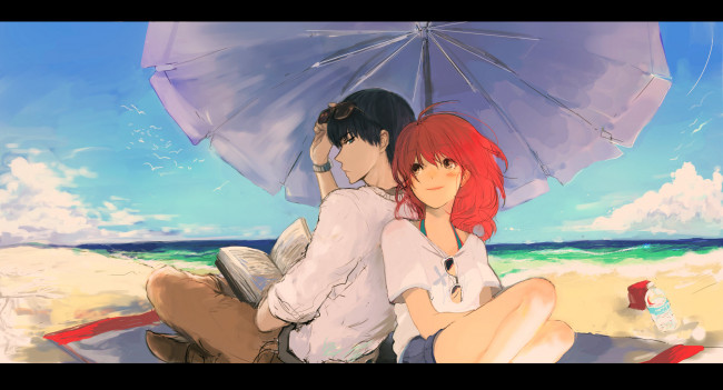 Обои картинки фото аниме, *unknown , другое, песок, облака, арт, небо, пляж, очки, книга, море, чайки, бутылка, зонт, парень, девушка