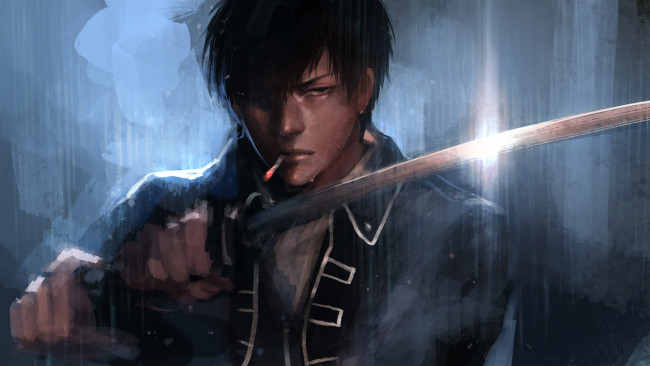 Обои картинки фото аниме, gintama, сигарета, арт, hijikata, брюнет, парень, мечь, блеск, sword, anime