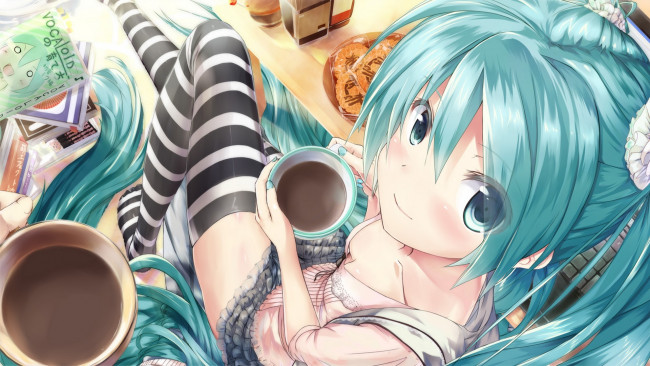 Обои картинки фото vocaloid, аниме, hatsune, miku, demitasse, daidou, арт, улыбка, печенье, кофе, чашки, девушка