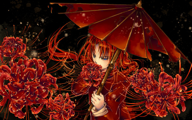 Обои картинки фото аниме, gintama, цветы, зонт, парень, kamui, jellyfishome, арт