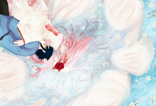Обои картинки фото аниме, naruto, цветок, парень, девушка, пара, сакура, саске, учиха, харуно, брюнет, розовые, волосы, вода, объятия