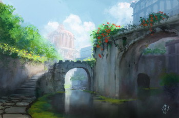 Картинка рисованное живопись лестница вода арка город