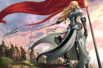 Картинка фэнтези девушки воин девушка арт красный флаг войско доспехи поза меч оружие