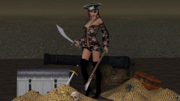 Картинка 3д+графика фантазия+ fantasy гармата золото сундуки оружие пират фон взгляд девушка