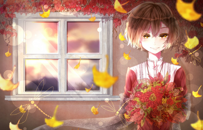 Обои картинки фото аниме, unknown,  другое, арт, девочка, осень, листья, окно, букет