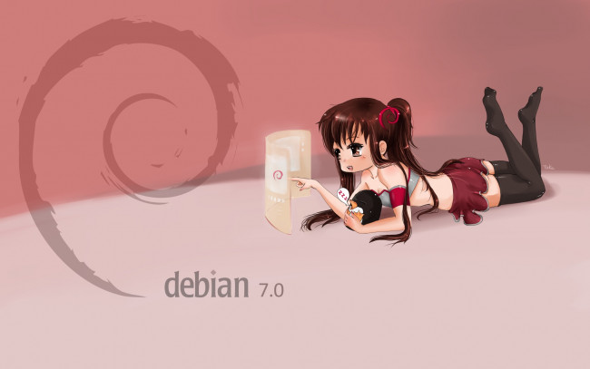 Обои картинки фото компьютеры, debian, девушка, логотип, взгляд, фон