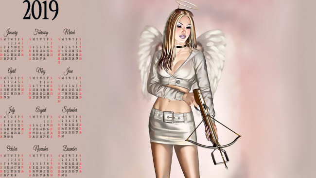 Обои картинки фото календари, фэнтези, ангел, оружие, арбалет, девушка, крылья