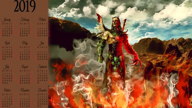 Обои картинки фото календари, фэнтези, облако, существо, крылья, гора, пламя, огонь