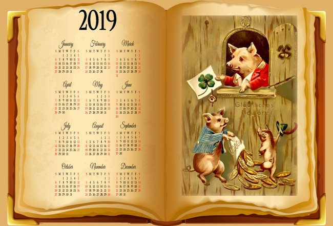 Обои картинки фото календари, рисованные,  векторная графика, книга, поросенок, монета, свинья