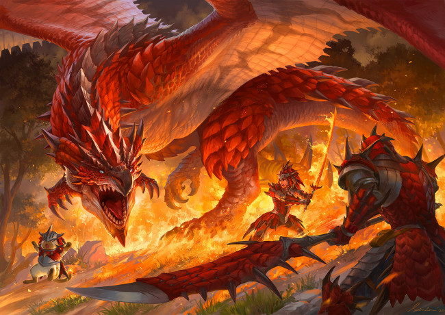 Обои картинки фото видео игры, monster hunter, дракон, рыцари, огонь