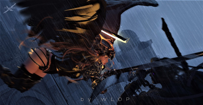 Обои картинки фото фэнтези, _ghost blade ,  призрачный клинок, девушка, крылья, оружие, дождь