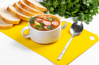 Картинка еда первые+блюда петрушка батон суп сосиски