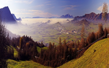 обоя природа, горы, долина, туман, панорама