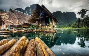 Картинка разное сооружения постройки залив река горы тропики хижины бамбук