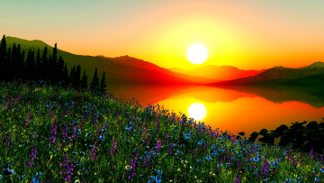 Картинка 3д графика nature landscape природа горы луг озеро цветы лес солнце