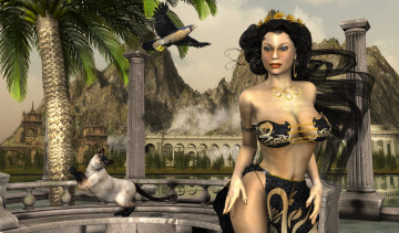 Картинка 3д графика fantasy фантазия пальмы птица кот девушка