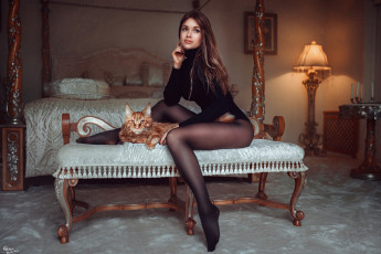 Картинка девушки -unsort+ брюнетки +шатенки комната мейкун кот в чёрном девушка