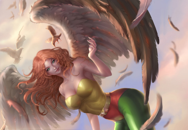 Обои картинки фото фэнтези, ангелы, hawkgirl, девушка, взгляд, крылья, перья