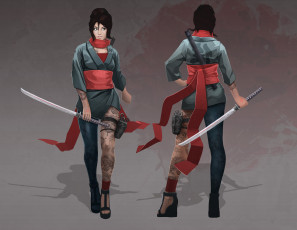 Картинка фэнтези девушки кимоно меч взгляд фон девушка
