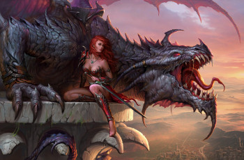 Картинка фэнтези красавицы+и+чудовища пасть скалы горы дракон девушка крылья