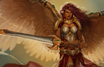 Картинка фэнтези ангелы девушка фон взгляд ангел крылья меч латы
