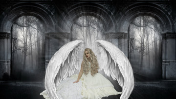 Картинка фэнтези ангелы крылья платье фон девушка