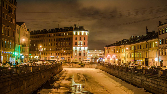 Обои картинки фото города, санкт-петербург,  петергоф , россия, огни, грибоедов, канал, зима