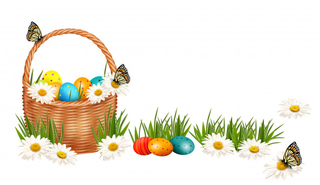 Обои картинки фото праздничные, пасха, корзина, бабочки, яйца