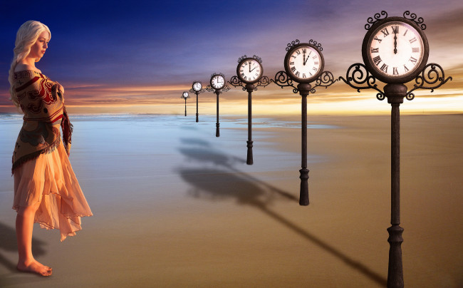 Обои картинки фото разное, компьютерный дизайн, песок, девушка, часы, вода, небо, фон