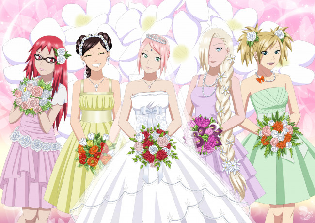 Обои картинки фото аниме, naruto, свадьба, хината, ино, темари, сакура, невеста, девушки, подруги