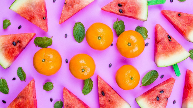Обои картинки фото еда, фрукты,  ягоды, апельсин, мята, арбуз