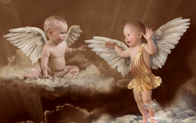 Обои картинки фото разное, компьютерный дизайн, малыши, ангелы, облака