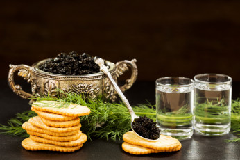 Картинка еда икра черная деликатес крекеры укроп водка