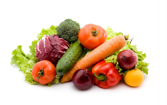 Обои картинки фото еда, овощи, морковь, перец, помидор, огурец, лук, томаты