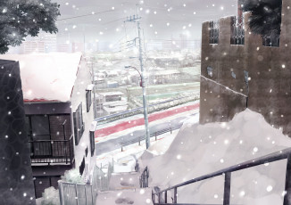 Картинка рисованные города магистраль дорога деревья снег зима лестница здания город двор дома столб провода