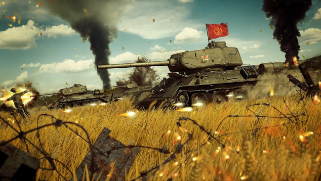 Обои картинки фото рисованные, армия, атака, знамя, средний, танк, советский, война, ркка, т-34-85