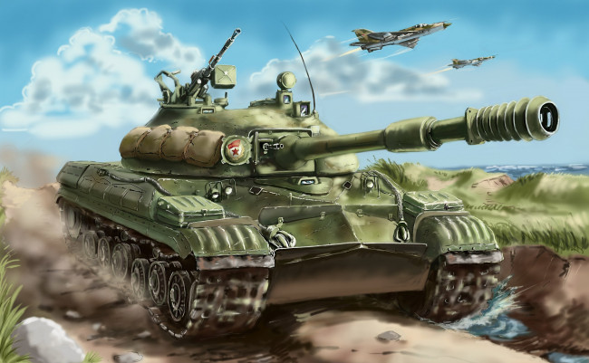 Обои картинки фото рисованные, армия, истребители, танк, самолёты, t-10m