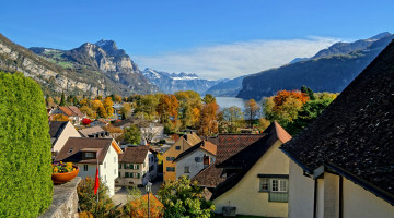 обоя города, - панорамы, озеро, горы, швейцария, небо, дома