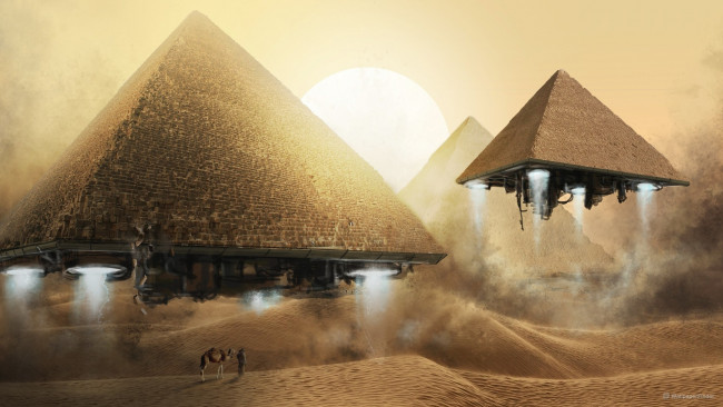 Обои картинки фото фэнтези, космические корабли,  звездолеты,  станции, верблюд, корабли, взлёт, человек, пирамиды, пустыня, арт